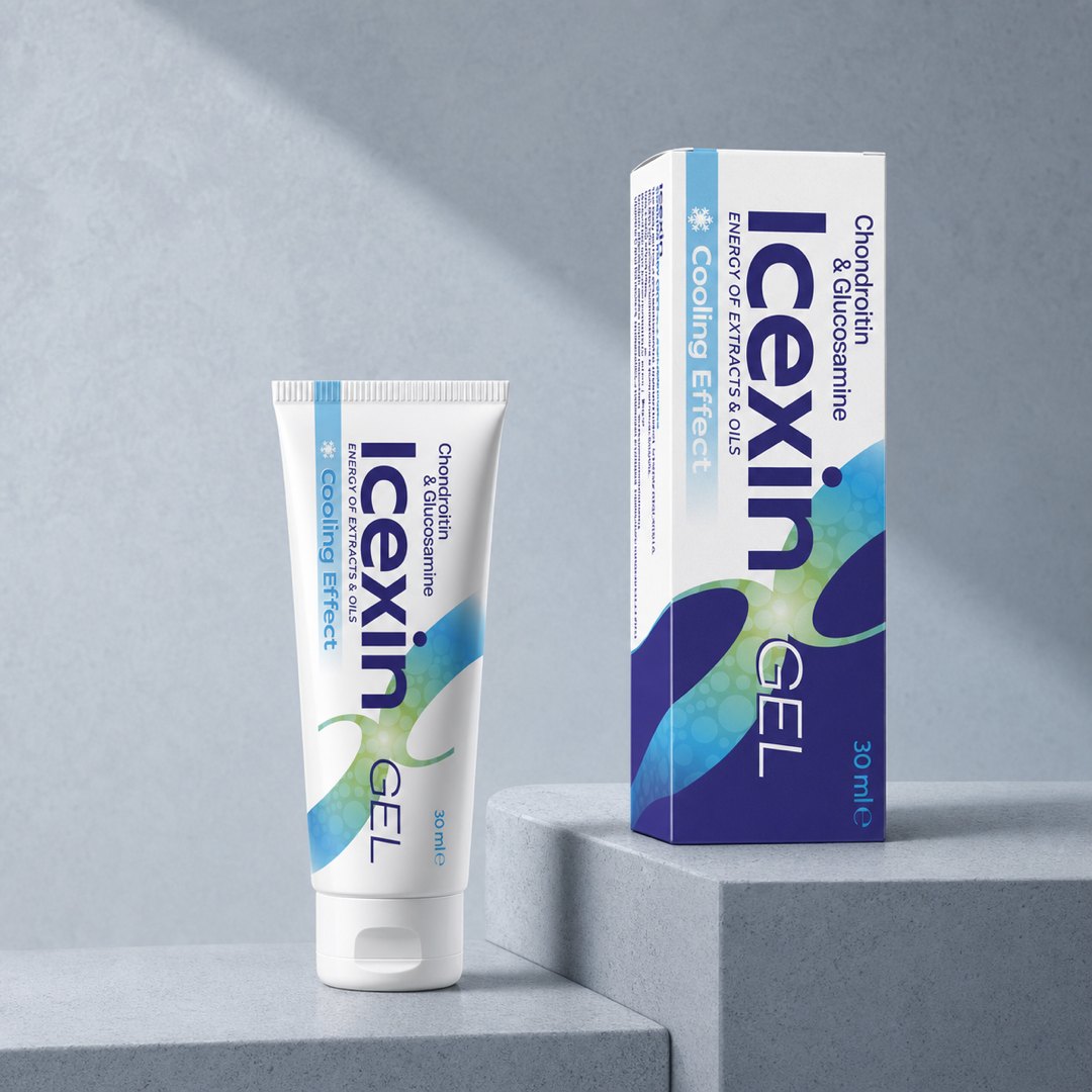Tubul Icexin de 30 ml, gel cosmetic răcoritor, fotografiat pe o suprafață curată